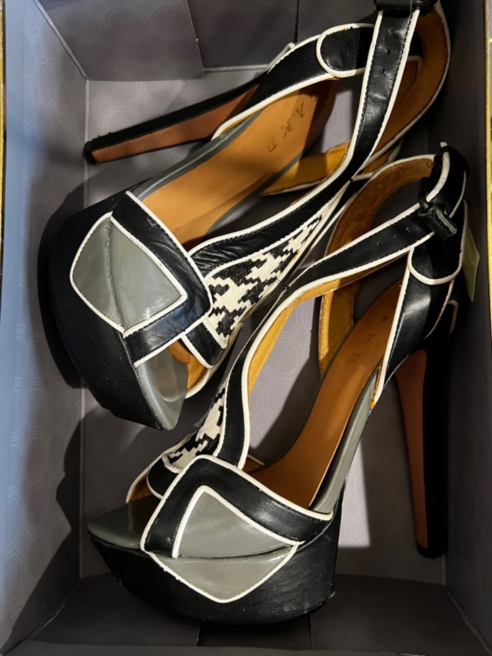 L.A.M.B. Black, White & Gray Houndstooth Platform Heels with Ankle Strap - Picture 3 of 6